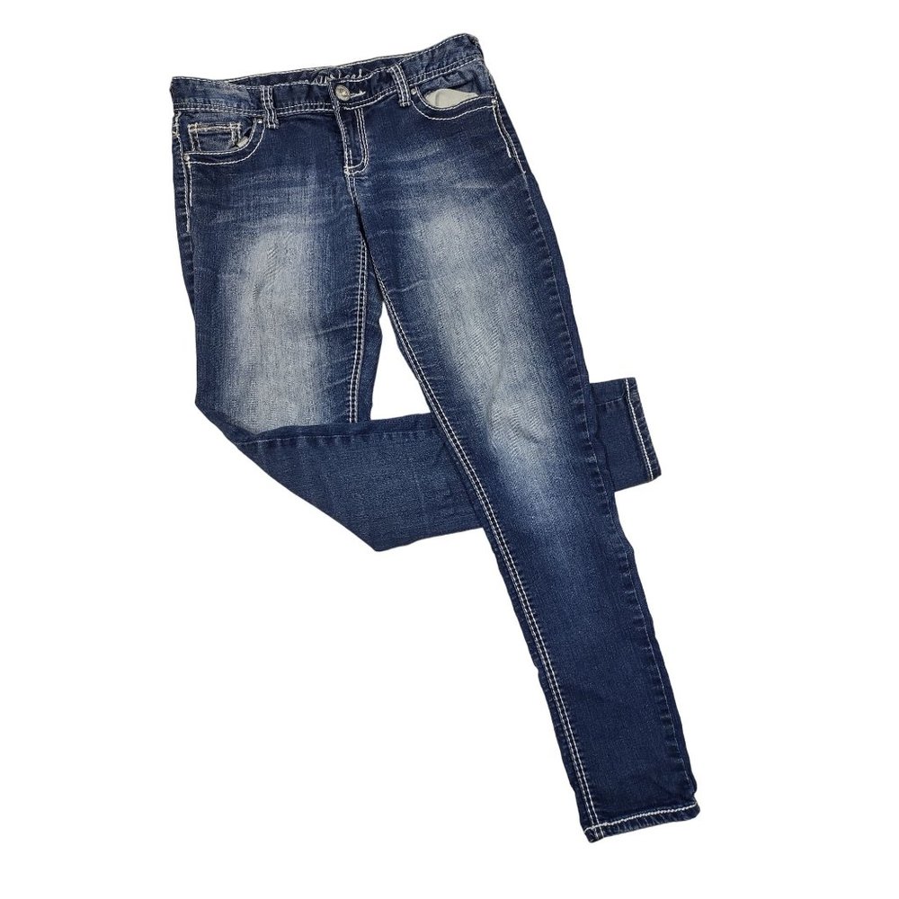 Maurices Skinny Jeans Low Rise Dark Wash Sequin Stitched Pockets Medium-Reg